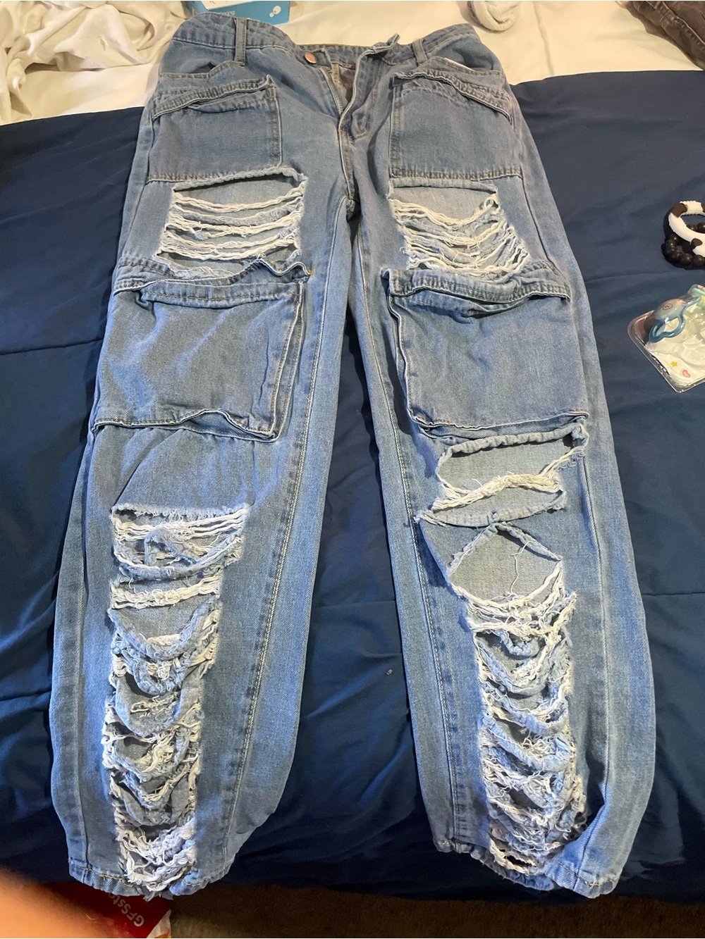 Distressed Light Wash Ripped Cargo Jeans
